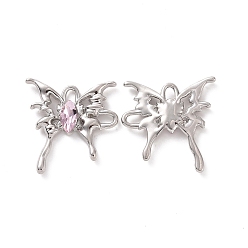 Pearl Pink Rack Plating Alloy Connector Charms, Butterfly Links with Glass, Platinum, Cadmium Free & Lead Free & Nickle Free, Pearl Pink, 29x28x4.5mm, Hole: 3.5x2.5mm