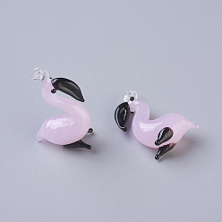 Pink Handmade Lampwork Pendants, Flamingo Shape, Pink, 26~29x20~24x9~10mm, Hole: 2~4mm