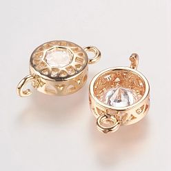 Rose Gold Brass Glass Rhinestone Links connectors, Flat Round, Crystal, Rose Gold, 18x10.5x5mm, Hole: 1.5mm