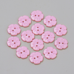 Pink Boutons acryliques 2 trous, fleur, rose, 15x2.5mm, Trou: 1.5mm