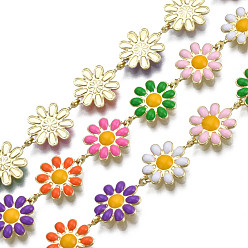 Mixed Color Brass Flower Link Chains, with Enamel, Unwelded, Real 16K Gold Plated, Mixed Color, 13.5~14x9.5~10x1mm