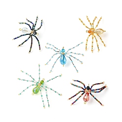 Mixed Color MIYUKI Seed & Glass Beaded Pendants, with Golden Stainless Steel Wire Findings, Spider Charms, Mixed Color, 30~30.5x64~66x10mm, Hole: 1.2~1.8mm