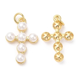 Real 18K Gold Plated Brass Plastic Imitation Pearls Pendants, with Jump Ring, Cadmium Free & Lead Free, Long-Lasting Plated, Cross Charms, Real 18K Gold Plated, 22x14.5x5mm, Hole: 3mm