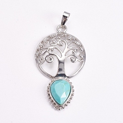Synthetic Turquoise Brass Pendants, Synthetic Turquoise, Faceted, Dyed, Hollow Flat Round with Tree of Life and Teardrop, Platinum, 49x27x6mm