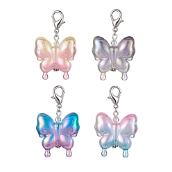 Mixed Color 4Pcs Acrylic Butterfly Pendant Decorations, with Zinc Alloy Lobster Claw Clasps, Mixed Color, 58mm