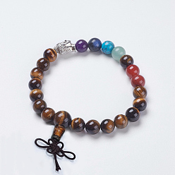 Tiger Eye Chakra Jewelry, Natural Tiger Eye and Mixed Stone Buddha Stretch Bracelets, with Alloy Findings, Buddha Head, 2-1/8 inch(54mm), Pendant: 40x10mm