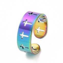 Rainbow Color Ion Plating(IP) 304 Stainless Steel Hollow Out Cross Open Cuff Ring for Women, Rainbow Color, US Size 6(16.5mm)