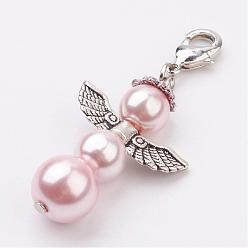 Pink Colgantes de la aleación, Con clavos de garra de langosta de latón y perla de cristal, ángel, plata antigua, rosa, 47 mm