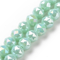 Medium Aquamarine Electroplate Opaque Glass Beads Strands, AB Color Plated, Faceted, Round, Medium Aquamarine, 8x7.5mm, Hole: 1.5mm, about 71~72pcs/strand, 20.87''(53cm)