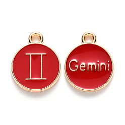 Gemini Alloy Enamel Pendants, Flat Round with Constellation, Light Gold, Red, Gemini, 15x12x2mm, Hole: 1.5mm, 50pcs/Box