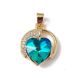 Medium Turquoise Real 18K Gold Plated Rack Plating Brass Micro Pave Clear Cubic Zirconia Pendants, with Glass, Long-Lasting Plated, Cadmium Free & Lead Free, Heart Charm, Medium Turquoise, 21x17.5x8mm, Hole: 5x3mm
