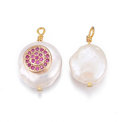 Deep Pink Natural Cultured Freshwater Pearl Pendants, with Brass Micro Pave Cubic Zirconia Findings, Nuggets with Flat Round, Golden, Deep Pink, 17~26x11~16x5~11mm, Hole: 1.6~2mm