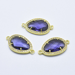 Mauve Brass Micro Pave Cubic Zirconia Links, with Glass, Faceted, Teardrop, Golden, Mauve, 28x16x4.5mm, Hole: 1.6mm
