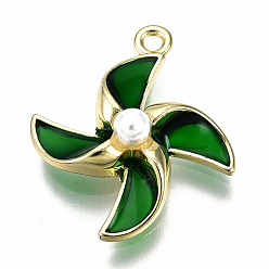 Green Rack Plating Alloy Epoxy Resin Pendants, with White Acrylic, Cadmium Free & Lead Free, Light Gold, Windmill Charm, Green, 19.5x17x5.5mm, Hole: 1.4mm