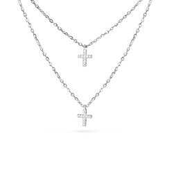 Platinum TINYSAND@ CZ Jewelry 925 Sterling Silver Cubic Zirconia Cross Pendant Two Tiered Necklaces, Platinum, 21 inch, 18 inch