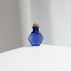Bleu Royal Bouteilles en verre hexagonales miniatures, avec bouchons en liège, bouteilles de vœux vides, pour accessoires de maison de poupée, fabrication de bijoux, bleu royal, 20x25mm