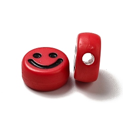 Brique Rouge Perles acryliques opaques, plat rond avec motif de visage souriant, firebrick, 10x5mm, Trou: 2mm, environ1450 pcs / 500 g