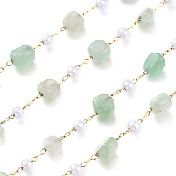 Green Aventurine 304 Stainless Steel Link Chains, with Glass Pearl & Natural Green Aventurine Nuggets Beads, Long-Lasting Plated, Unwelded, with Spool, Golden, Stone: 5~9.5x5~11x3.5~7.5mm, about 32.8 Feet(10m)/roll