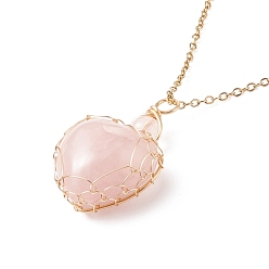 Rose Quartz Copper Wire Wrapped Natural Rose Quartz Heart Pendant Necklaces, Golden Plated 304 Stainless Steel Necklace for Women, 17.52 inch(44.5cm), 1.5mm