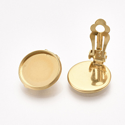 Oro 201 hallazgos de pendientes de clip de acero inoxidable, plano y redondo, dorado, Bandeja: 14 mm, 18x15.5x6.5 mm, agujero: 3 mm
