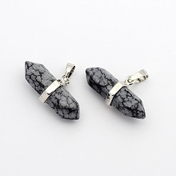 Snowflake Obsidian Natural & Snowflake Obsidian Double Terminated Pointed Pendants, with Platinum Plated Brass Findings, Bullet, 15.5x30~35x8~9mm, Hole: 5x7.5mm