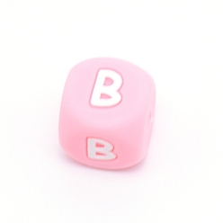 Letter B Силиконовые бусины с алфавитом для изготовления браслетов или ожерелий, стиль письма, розовый куб, letter.b, 12x12x12 мм, отверстие : 3 мм