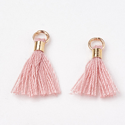 Pink Décorations pendentif gland en polycoton (polyester coton), mini pompon, avec les accessoires en laiton, or et de lumière, rose, 10~15x3~4mm, Trou: 2mm