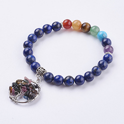 Lapis Lazuli Bracelets élastiques de pierres fines, avec pendentifs de style tibétain, arbre de la vie, 2 pouces (52 mm)