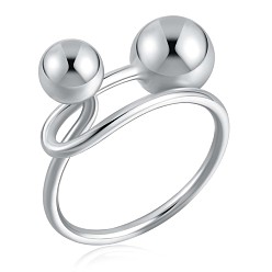 Platinum Rhodium Plated 925 Sterling Silver Double Balls Cuff Ring for Women, Platinum, US Size 5 1/4(15.9mm)