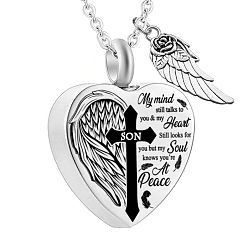Word Heart and Wing Urn Ashes Pendant Necklace, Cross with Word Son 316L Stainless Steel Memorial Jewelry for Men Women, Word, 18.9 inch(48cm)