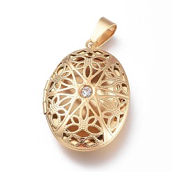 Golden 304 Stainless Steel Locket Pendants, Photo Frame Charms for Necklaces, with Rhinestone, Oval with Flower, Golden, 38.5x26x9.5mm, Hole: 9.5x5mm