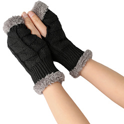 Negro Guantes sin dedos para tejer con hilo de fibra acrílica, guantes cálidos de invierno con borde esponjoso y orificio para el pulgar, negro, 195x85~95 mm