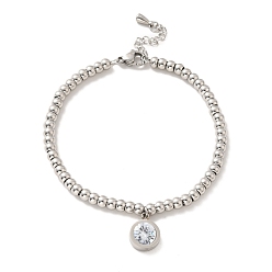 Stainless Steel Color 304 Stainless Steel Flat Round Charm Bracelet with Clear Cubic Zirconia, 201 Stainless Steel Round Beads Bracelet for Women, Stainless Steel Color, 8-5/8 inch(22cm)