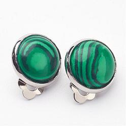 Teal Synthetic Malachite Brass Clip-on Earrings, Flat Round, Teal, 14x10mm