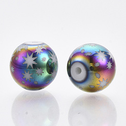 Multi-color Plated Christmas Electroplate Glass Beads, Round with Star Pattern, Multi-color Plated, 10mm, Hole: 1.2mm