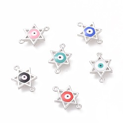 Color mezclado Conectores de enlaces de esmalte de latón, para judío, estrella de david con mal de ojo, Platino, color mezclado, 16x10x2 mm, agujero: 1 mm