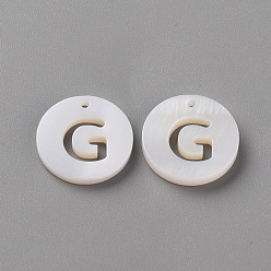 Letter G Natural Freshwater Shell Pendants, Flat Round with Letter, Letter.G, 12x1.5mm, Hole: 1mm