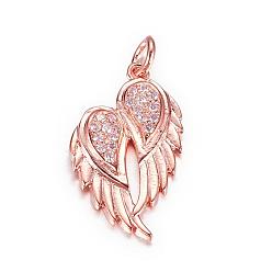 Rose Gold Brass Micro Pave Cubic Zirconia Pendants, Wing, Rose Gold, 22x13x3mm, Hole: 3mm