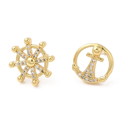 Real 18K Gold Plated Rack Plating Brass Anchor & Helm Asymmetrical Earrings, Stud Earrings with Cubic Zirconia, Lead Free & Cadmium Free, Real 18K Gold Plated, 12~14x12~14mm