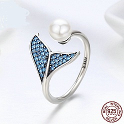 Antique Silver Adjustable 925 Sterling Silver Finger Rings, with Cubic Zirconia and Shell Pearl, with 925 Stamp, Mermaid Tail Shape, Blue, Antique Silver, 1.5mm