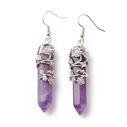 Amethyst Natural Amethyst Bullet with Flower Dangle Earrings, Platinum Tone Brass Jewelry for Women, Cadmium Free & Lead Free, 62~63mm, Pin: 0.6mm