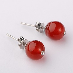 Carnelian Gemstone Round Bead Ball Stud Earrings, with Glass Rhinestone and Platinum Plated Brass Post Earrings Components, Red Agate, 8mm, Pin: 0.6mm