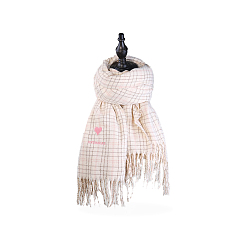 Snow Knitting Wool Long Polyester Tartan Scarf, Couple Style Winter/Fall Warm Soft Scarves, with Embroidered Heart, Snow, 169~210x61cm