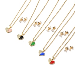 Mixed Color Clear Cubic Zirconia Heart with Enamel Pendant Necklace & Stud Earrings, Golden 304 Stainless Steel Jewelry Set for Women, Mixed Color, 510mm, 13x5.5mm, Pin: 0.7mm