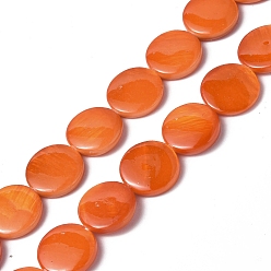 Orange Spray Painted Natural Freshwater Shell Beads Strands, Flat Round, Orange, 12.5x3mm, Hole: 1mm, about 32pcs/strand, 15.63 inch(39.7cm)