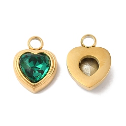Teal Ion Plating(IP) 304 Glass Charms, with Glass, Heart, Real 14K Gold Plated, Teal, 16x12x6mm, Hole: 3mm