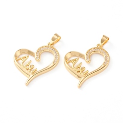 Real 18K Gold Plated Brass Micro Pave Clear Cubic Zirconia Pendants, Long-Lasting Plated, Heart with Word Abu, Real 18K Gold Plated, 26x22x3mm, Hole: 4x3mm