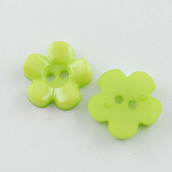 Vert Jaune Boutons acryliques, 2-trou, teint, fleur, vert jaune, 15x15x3mm, Trou: 2mm
