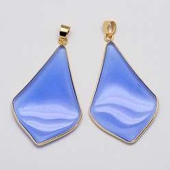 Bleu Bleuet Losange or réel pendentifs en verre en laiton de placage, bleuet, 50x29x4mm, Trou: 5x3mm