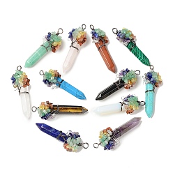 Mixed Stone 7 Chakra Pointed Natural & Synthetic Mixed Gemstone Big Pendants, Chip Gems Tree Faceted Bullet Charms with Red Copper Plated Rack Plating Copper Wire Wrapped, Cadmium Free & Lead Free, 62~66.5x22~26x17.5~18mm, Hole: 4.2~6.5mm